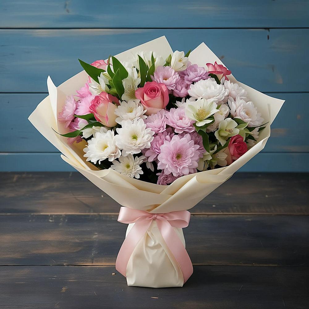 Букет цветов из: Хризантемы, Альстромерии и Розы в Туртас